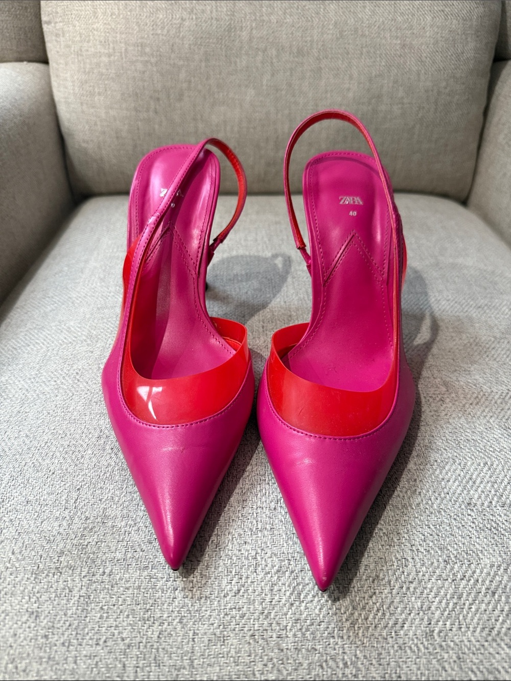 Zara Pink with Red Patent Accent Pointed Slingback Heels Gently Used